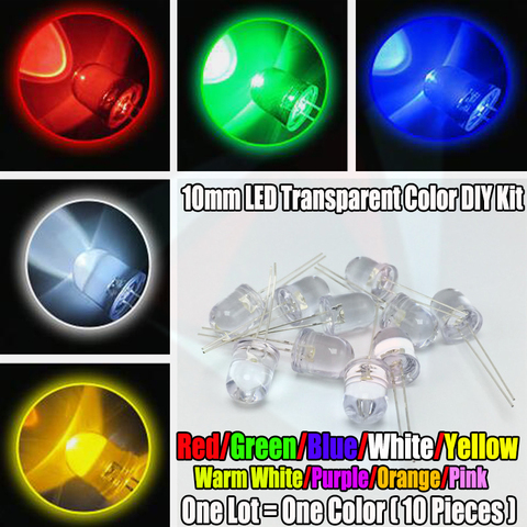 10mm 10 unids/lote blanco Azul Rojo amarillo verde 850NM emisor de infrarrojos cálido rosa púrpura naranja RGB LED rápido lento transparente DIP ► Foto 1/2