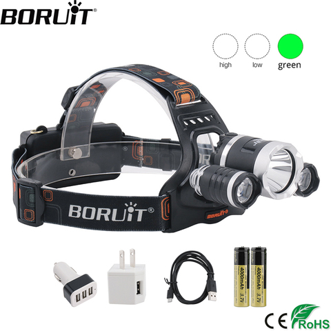 BORUiT T6 + 2 * XPE linterna de cabeza LED potente verde 3-modo 3000LM faro recargable 18650 linterna de cabeza impermeable para caza Camping ► Foto 1/6