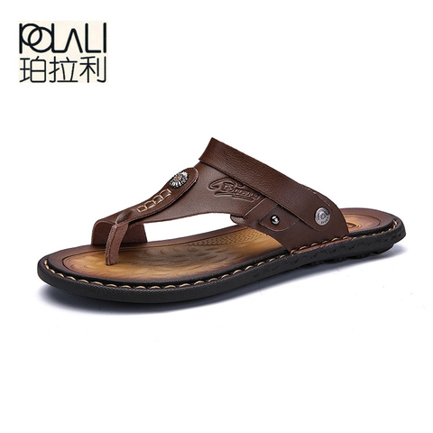 Sandalias POLALI para hombre, sandalias de playa de cuero genuino para hombre, zapatos informales de marca para hombre, chanclas, zapatillas para hombre, zapatillas, zapatillas de verano ► Foto 1/6