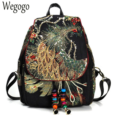 Mochila Vintage con bordado de pavo real y lentejuelas de Fénix para mujer, bolso de viaje bohemio con cuentas estilo nacional, bolso de hombro de colegio ► Foto 1/6