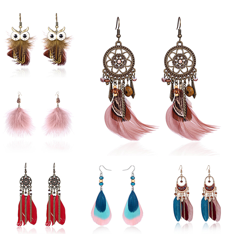 Pendientes colgantes étnico bohemio borla de plumas largas para mujer, aretes Vintage de plumas de hoja de búho de colores, joyería de novia ► Foto 1/6