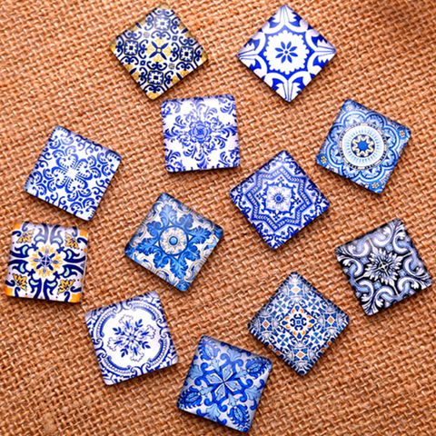 Azul blanco porcelana patrón cuadrado ajuste 10/15/20/25mm DIY joyería Fabricación de cabujones de vidrio camafeo componentes de joyería de ajuste de Base ► Foto 1/4