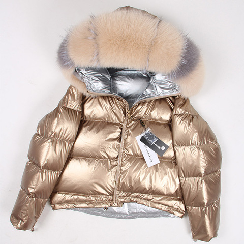 Maomaokong-abrigo corto suelto con cuello de piel de zorro natural, chaqueta blanca plateada de pato para invierno ► Foto 1/6