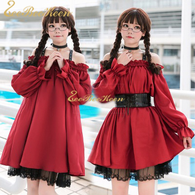 Adulto Anime Maid Cosplay traje de mujer dulce vino rojo Gothic Lolita vestido sexy off-the-hombro vestido ropa de fiesta para niñas ► Foto 1/6