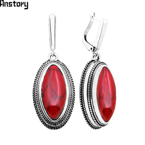 Doble capa rombo rojo piedra pendientes para mujeres Vintage antiguo de plata Chapado en joyería de moda TE396 ► Foto 1/6