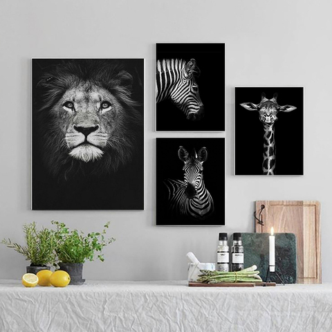 Nórdico, arte de la lona pintura blanco y negro jirafa elefante cebra León impresión Animal pared arte cartel habitación casa decoración pintura ► Foto 1/6