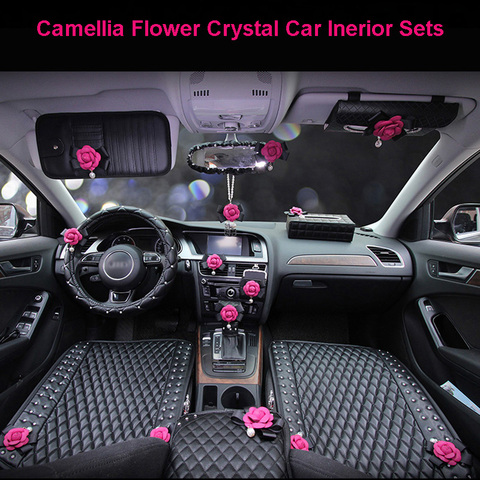 Rosa Camelia-Carro de flores para Interior, accesorios con estilo, cubierta de cuero de cristal para volante, tapa de palanca de cambios, juegos de cinturón de seguridad ► Foto 1/6