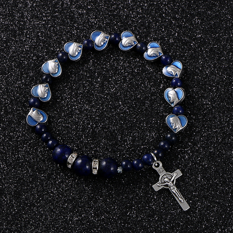 KOMi-pulsera ajustable de aleación de corazón religioso, hecho a mano colgante de cristal, con Cruz de la Virgen María, pulseras de regalo R-177 ► Foto 1/6