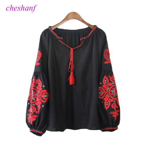 Cheshanf étnico Bordado floral blusa manga larga mujeres Camisas mujer 2017 vintage borla Encaje cuello blusa Mujer ► Foto 1/6