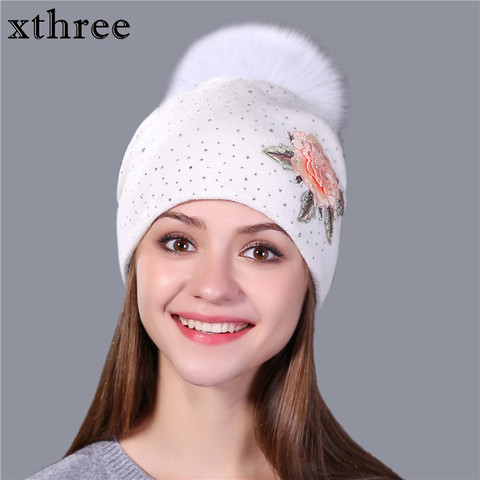 Xthree-gorro de lana con pompón bordado para mujer, gorro de lana con bordado de piel de zorro real ► Foto 1/6