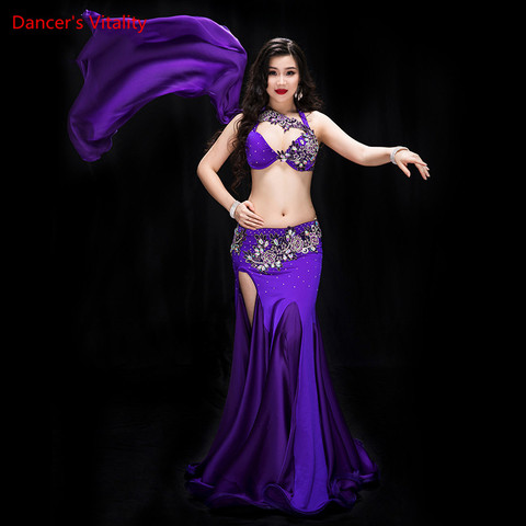 Conjunto de trajes de danza del vientre profesional rendimiento 2 uds sostén de diamantes avanzado + Falda larga de pierna dividida danza del vientre traje Oriental ► Foto 1/1