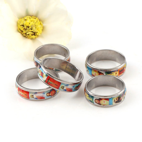 2 uds Multicolor 5 tamaños de anillo de acero inoxidable católico religioso ronda de esmalte anillos de aleación de vuelta ► Foto 1/6