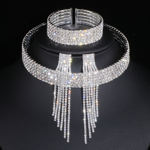 Conjunto de joyería nupcial de cristal con borlas elegantes y clásicas, collar, pendientes y pulsera de boda con diamantes de imitación africanos WX081 ► Foto 1/6
