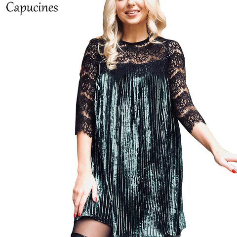 Capucines Otoño Invierno Sexy Hollow Out Lace Patchwork terciopelo vestido de tres cuartos de moda vestido plisado Casual ► Foto 1/1