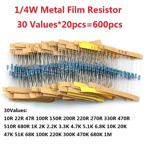 Paquete de resistencias de película metálica, Kit surtido de resistencias 1/4W 600, 1K 10K 10R 22R 100R 150R 200R, 1% Uds. (30 tipos x cada 20 piezas uds) ► Foto 1/1