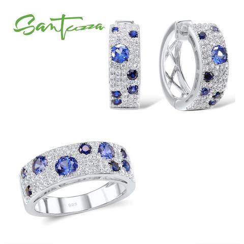 SANTUZZA-Conjunto de joyería para mujer, 100% Plata de Ley 925 auténtica, azul brillante, Nano CZ, conjunto de anillo y pendientes, joyería ► Foto 1/6