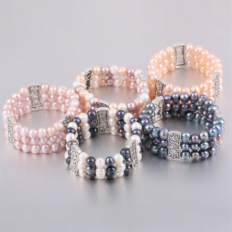 100% de perlas naturales de 8-9mm para mujer, regalo de joyería, brazaletes de 3 capas multicolor ► Foto 1/6