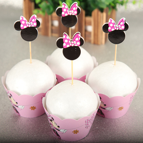 12 Uds envolturas + 12 Uds Toppers Minnie Mouse de la Magdalena de papel pastel niños suministros de decoración para fiesta de cumpleaños ► Foto 1/6