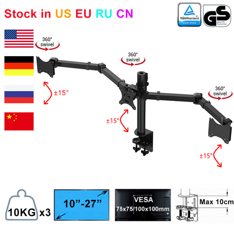 Soporte de montaje para Monitor Triple brazos de movimiento completo, compatible con tres pantallas LCD, 10 