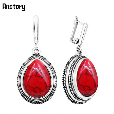 Gota Pendientes De Piedra Roja de la vendimia Para Las Mujeres Plateado Plata Antigua de la Joyería de Moda Retro Craft TE109 ► Foto 1/6