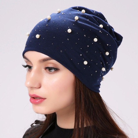 Boinas femeninas marca Geebro, gorro para mujer, gorro informal de poliéster brillante con perlas y diamantes de imitación, gorros de calavera Beanie para mujer ► Foto 1/6