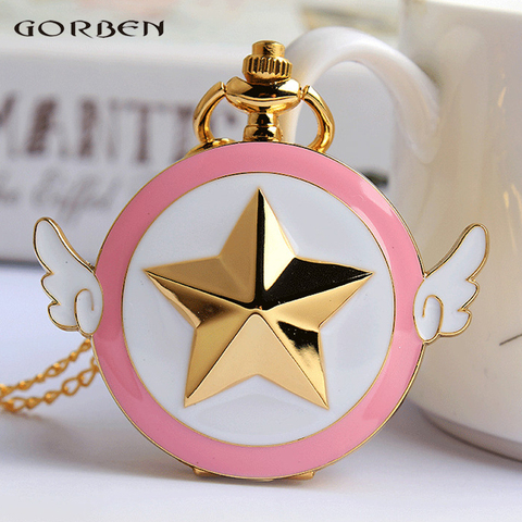 Reloj de bolsillo de Anime japonés Sakura Cardcaptor, dorado, collar de estrella, alas, cadena colgante, reloj, regalo para mujeres y niñas ► Foto 1/6