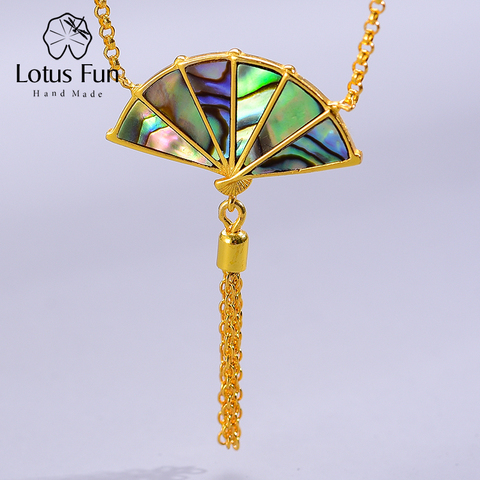Collar con colgante de diseño Lotus Fun hecho a mano para mujer, joyería fina Original, colgante con mango de borla de abanico plegable ► Foto 1/6