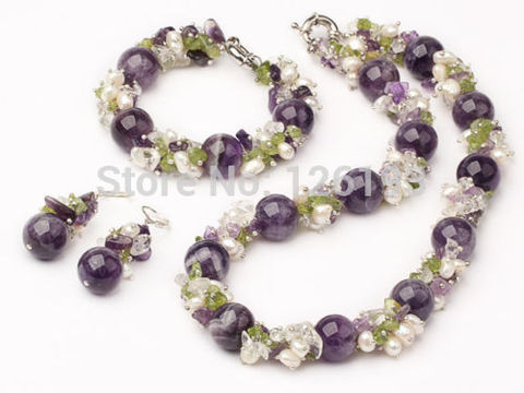 Buen Cristal púrpura peridoto y Perla collar a juego de pendientes de la joyería para las mujeres ► Foto 1/4