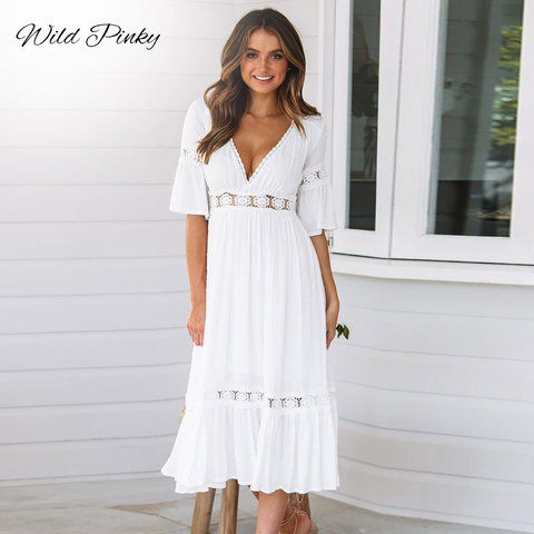 Vestido largo Sexy con encaje blanco nuevo con escote en V de verano para mujer vestido bohemio de fiesta informal Vestidos femeninos ► Foto 1/6