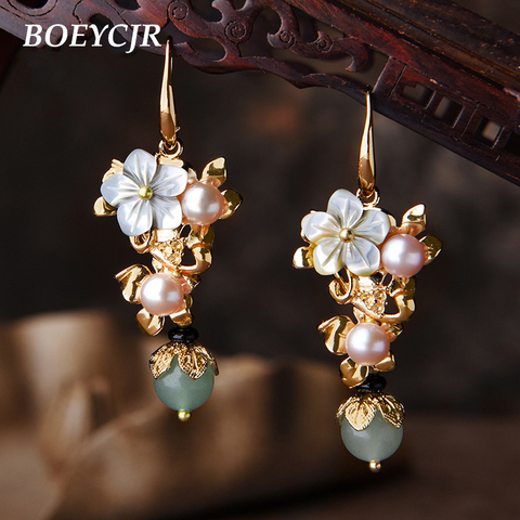 BOEYCJR-pendientes étnicos Vintage de perlas de agua dulce para mujer, aretes colgantes con cuenta de piedra, joyería de moda, aretes de flor de concha de gota ► Foto 1/6