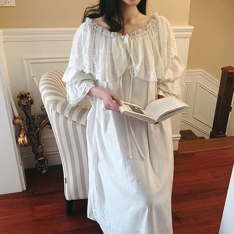 Las mujeres Lolita princesa Sleepshirts Estilo Vintage palaciego vestido de encaje de ancho camisones algodón victoriana camisón dormir Loungewear ► Foto 1/6