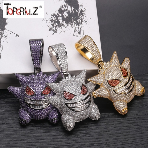 TOPGRILLZ Super grande Pokemon colgante enjoyado Collar para hombre con 12mm cubano cadena Hip Hop oro abalorios chapados en plata joyería de la cadena ► Foto 1/1