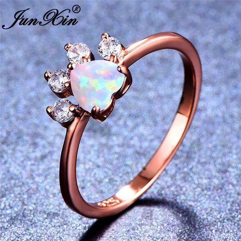 JUNXIN fuego blanco Opal piedra huella Animal anillos para las mujeres de oro rosa/plata Color CZ gato perro pata corazón pet anillo garras joyería ► Foto 1/6