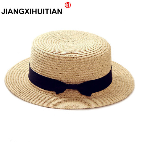 Sombrero de playa simple de verano para padres e hijos, sombrero de Panamá informal para mujer, sombrero plano para mujer, sombrero de paja con lazo, sombrero de Sol para chicas 2022 ► Foto 1/6