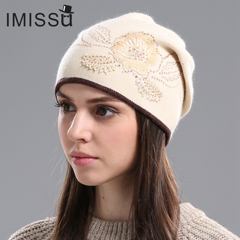 IMISSU de invierno de las mujeres Gorros de lana tejidos casquillo Casual de Skullies con patrón de flores Gorros grueso cálido Bonnet Beanie sombrero para las mujeres ► Foto 1/5