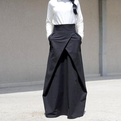 Falda larga negra de alta calidad para mujer, vestidos de bola con bolsillos plisados de satén, longitud hasta el suelo ► Foto 1/6