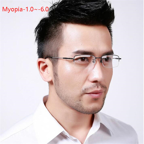 Gafas de miopía cuadradas de medio marco para hombres, gafas de miopía con grados ultralivianas de Metal para negocios, dioptrías-100 -150 -200 A-600 ► Foto 1/6