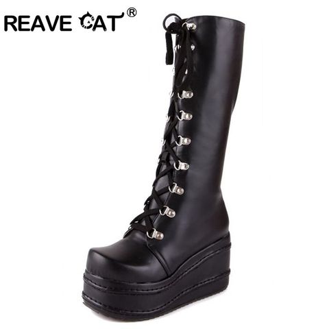 REAVE-Botas informales hasta la rodilla de tacón alto para mujer, Estilo de gato, zapatos góticos Punk, con cordones, QH3038 ► Foto 1/1