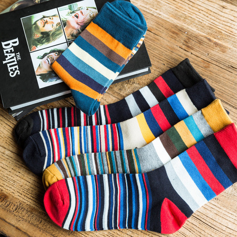 Calcetines de rayas de color para hombre, calcetín popular, 5 pares, de algodón de colores ► Foto 1/6