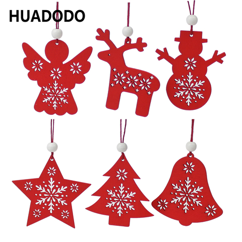 HUADODO-Colgante de árbol de madera rojo y blanco para niños, decoraciones de Navidad de muñeco de nieve, adornos para árbol de Navidad, Fiesta en casa, regalo para niños, 6 uds. ► Foto 1/6