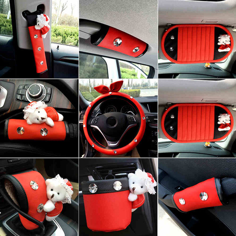 Accesorios decorativos para Interior de coche, Funda de cuero con diamantes para cinturón de seguridad, reposacabezas, almohada para el cuello, Color Rojo ► Foto 1/6