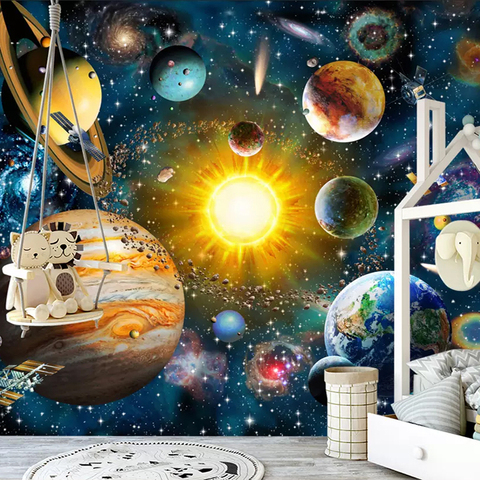 Papel pintado con foto 3D personalizado niños dormitorio moderno universo de dibujos animados pintados a mano cielo estrellado planeta habitación niños Mural pared de fondo ► Foto 1/6