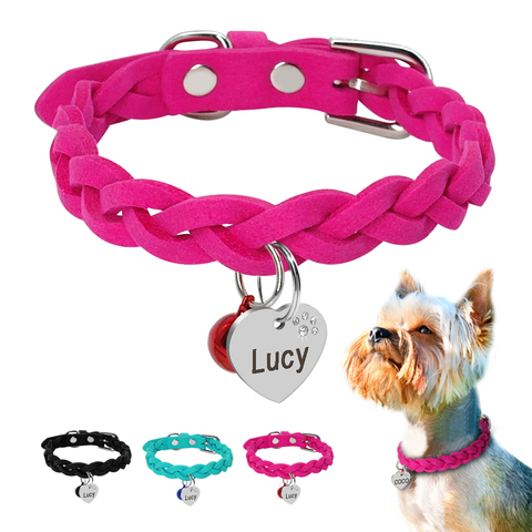 Suede Leather Personalized Dog Cat Collar Free Engraving Puppy Kitten Bell Collars Braided Neck Belt With Engraved Heart ID Tag ► Foto 1/6