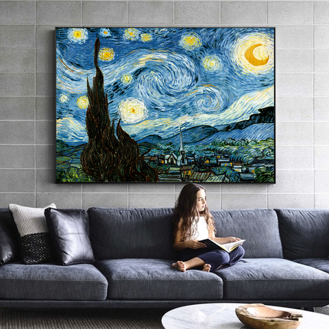 Impresionista Van Gogh, pinturas al óleo de Noche Estrellada, impresión en lienzo, Cuadros decorativos de Noche Estrellada para decoración de sala de estar ► Foto 1/6