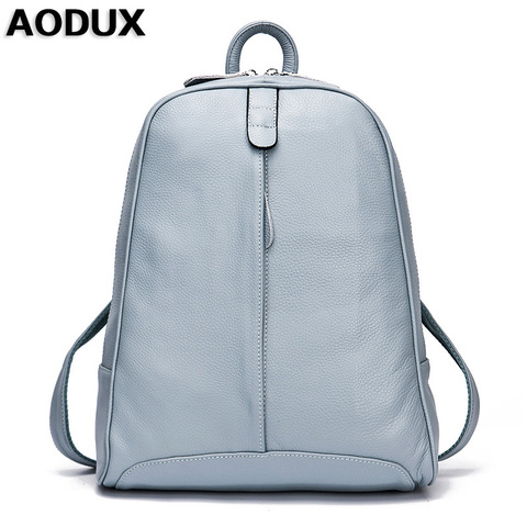 AODUX 100% cuero genuino mochila de cuero de vaca capa superior mochilas escolares bolsa azul claro/gris/rosa /Blanco/Color Beige ► Foto 1/6