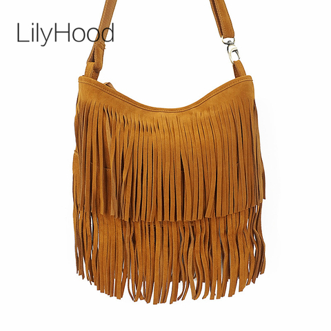 LilyHood-Bolso de hombro largo con flecos para mujer, de cuero auténtico Bandolera, marrón, bohemio, Hippie, gitano, música Rock, 2022 ► Foto 1/6