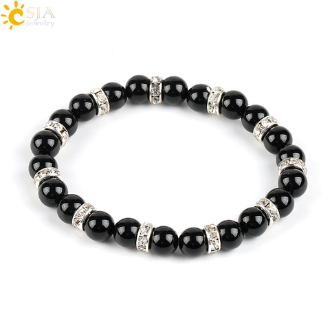 CSJA-pulsera de cuentas espaciadoras con gemas de ágata ónix para mujer, brazalete redondo, color negro puro, 8mm, moda de verano, P056 ► Foto 1/1