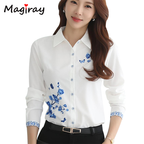 Manga larga azul Flor Mariposa impresión blusa de las mujeres 2022 de Otoño de verano Top elegante Oficina de Trabajo Plus tamaño camiseta blusa blanca C181 ► Foto 1/6