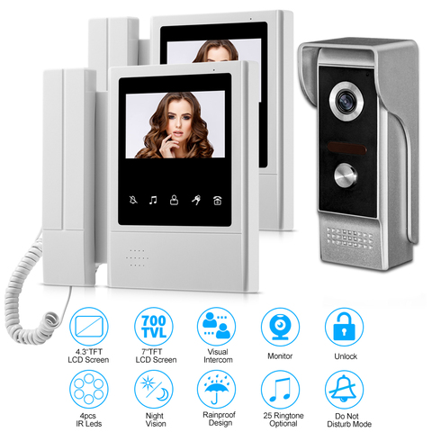 Timbre de puerta con cable TFT LCD de 4,3 pulgadas, portero automático para hogar, sistema de timbre de puerta, IR COMS visión nocturna, cámara para exteriores, Monitor a Color 700TVL ► Foto 1/6