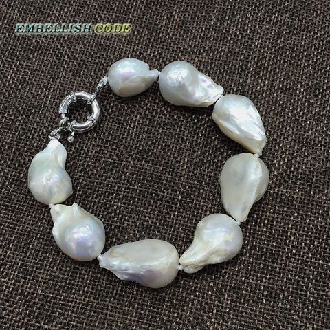 Pulsera barroca o keshi de perlas naturales, de gran tamaño, color blanco, 100% agua dulce ► Foto 1/6